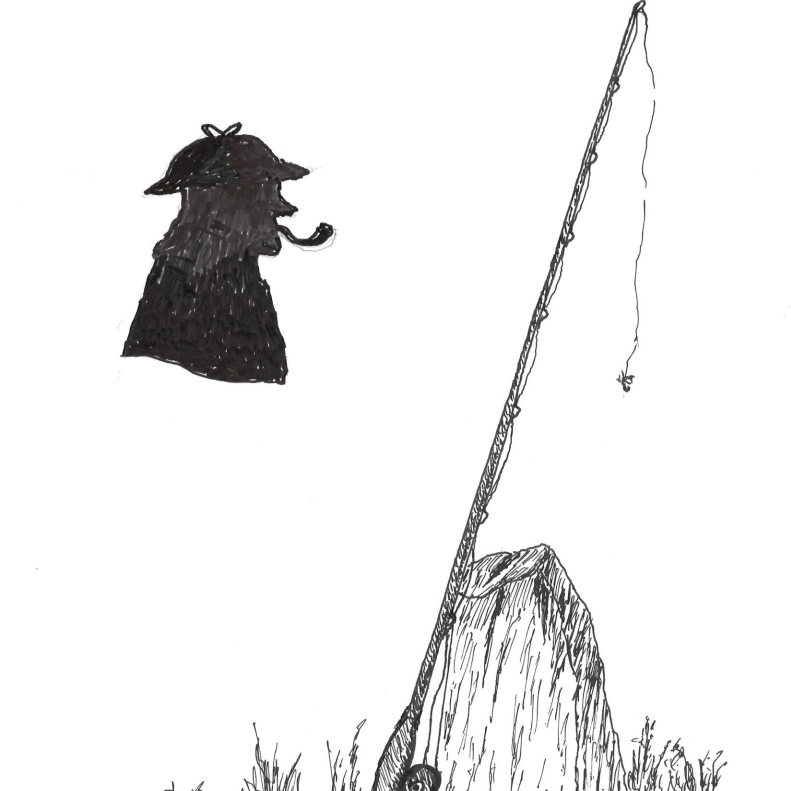 An illustration of a fishing rod and Sherlock Holmes
